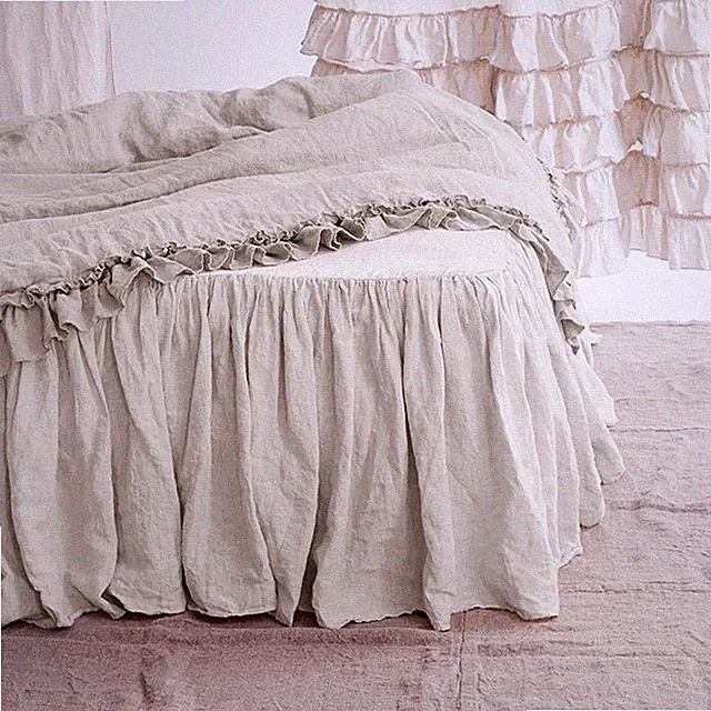 100% French Linen Ruffled Bed Skirt,Gathered Bed Skirt,Natural Washed Finish