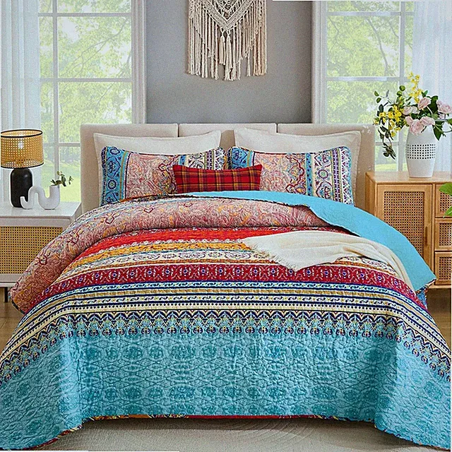 Bohemian Quilt Set Queen Size, Boho Striped Pattern Quilts Bedspread Set for All