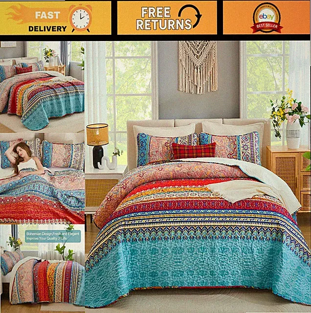 Bohemian Super King Quilt Set - Soft Microfiber Bedspread, Boho Striped Pattern