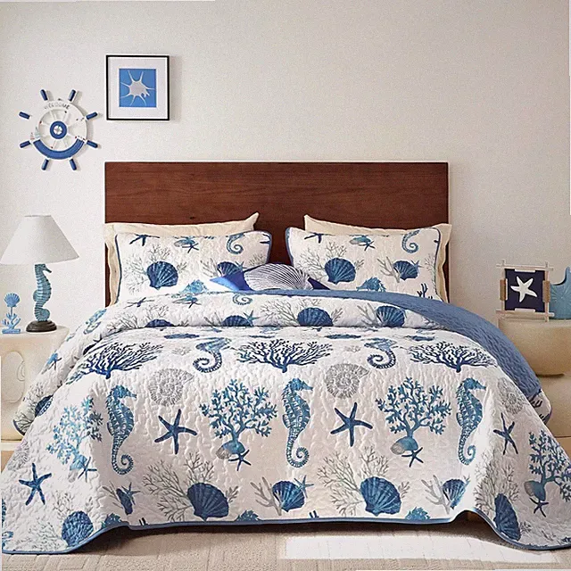 Coastal Quilt Set Queen Size 3 Pcs, Summer Blue Beach Theme Quilts with Pillowca