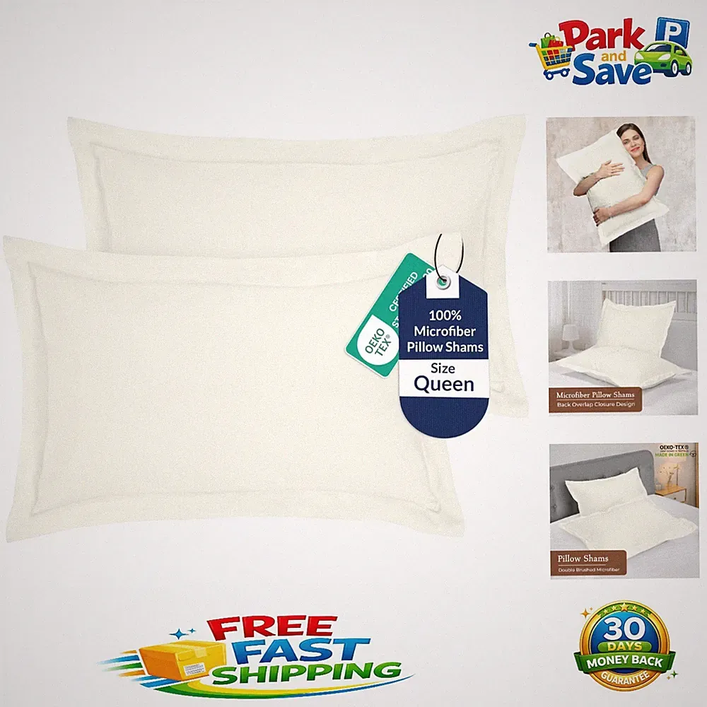 Elegant Queen Size Pillow Shams 2 Pack - Super Soft 1800 Microfiber in Ivory