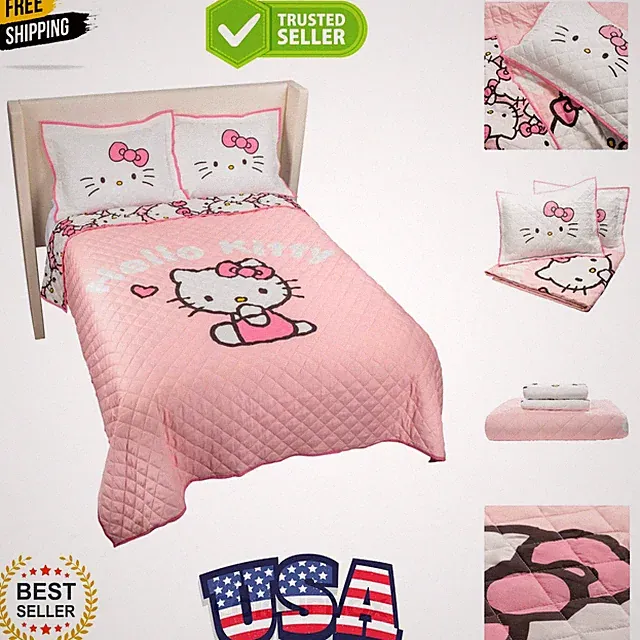 Hello Kitty Pink Stripes & Hearts Full/Queen Size Quilt & Sham Set - Super So...