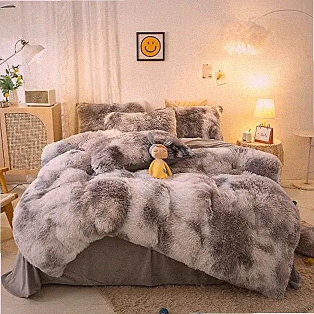 Jameswish Shaggy Plush Duvet Cover Set Super Soft Queen, Gray White Ombre