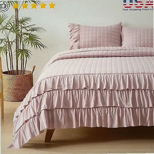 Super Soft Lightweight Quilt Set Ruffle Design Cozy Bedspread W/ Pillowshams New